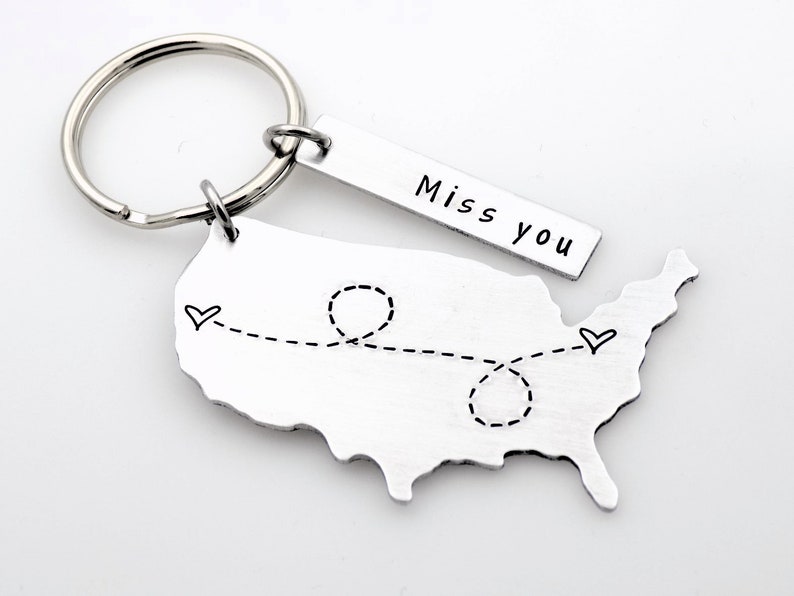 Long distance gift for girlfriend boyfriend couples anniversary going away gift for her or for him state usa keychain with custom tag gift image 5