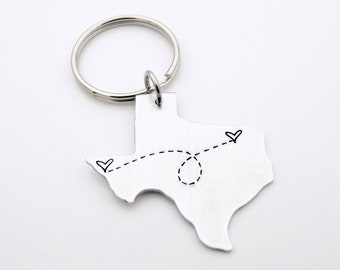 Custom Long Distance Gift - Choose your State Keychain made with hearts over 2 locations in one state