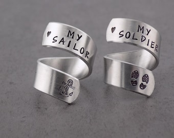 Military wife girlfriend gift, I Love my soldier Military Gift, I love my sailor, handstamped silver adjustable twist ring