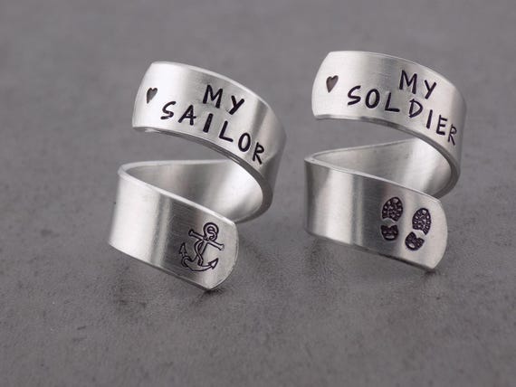 Military wife girlfriend gift, I Love my soldier Military Gift, I love my sailor, handstamped silver adjustable twist ring