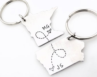 Custom 2 state keychain set, add your initials gift for long distance boyfriend, girlfriend, best friend or family gift for her or for him