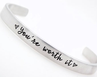 You're worth it, Adjustable Handstamped Cuff, Long distance gift for Girlfriend, Long distance couples, Long distance relationship gift idea