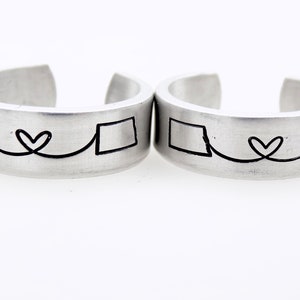 Long Distance Couples Set of 2 Sister Brother or Best Friend Gift, Unisex handstamped adjustable rings, resizable ring band custom 2 states image 2