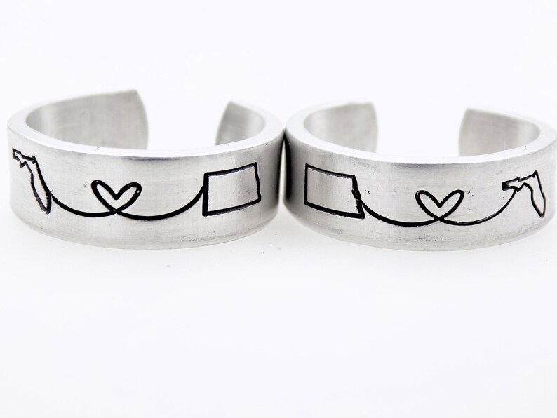 Long Distance Couples Set of 2 Sister Brother or Best Friend Gift, Unisex handstamped adjustable rings, resizable ring band custom 2 states image 2