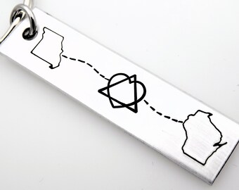 Long distance adoption keychain custom with locations of your choice, handstamped aluminum keychain