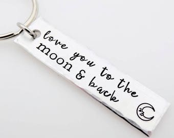 Love you to the moon & back, Best friends, Gift for son or daughter, handstamped keychain, Valentine's Couples, Celestial, Sun, gift for him