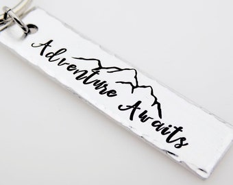 Adventure Awaits, mountain climber mountain range handstamped aluminum keychain