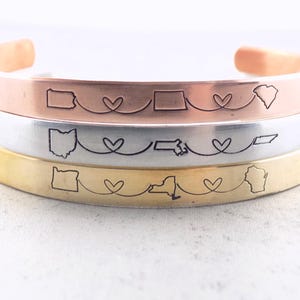 Gift for long distance girlfriend, best friend, sister, Long distance relationship, State to state Cuff, Gold Rose Gold Silver, Personalized