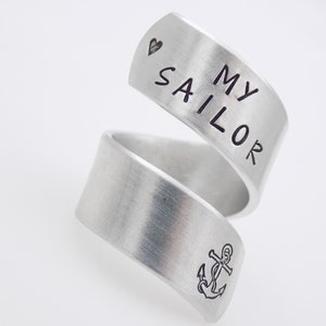 Navy wife girlfriend gift, I Love my sailor Military Navy Mother, handstamped silver adjustable twist ring anchor image 4