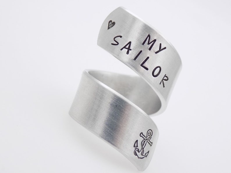 Navy wife girlfriend gift, I Love my sailor Military Navy Mother, handstamped silver adjustable twist ring anchor image 4