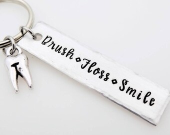 Brush, Floss, Smile, Gift for Dentist, Dental Assistant, Hygienist gift, tooth, Hand stamped Keychain, Dentistry assistant, Dental school