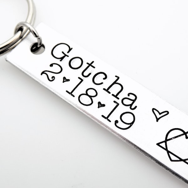 Gotcha Gift, custom with the date of your choice, handstamped keychain with adoption symbol