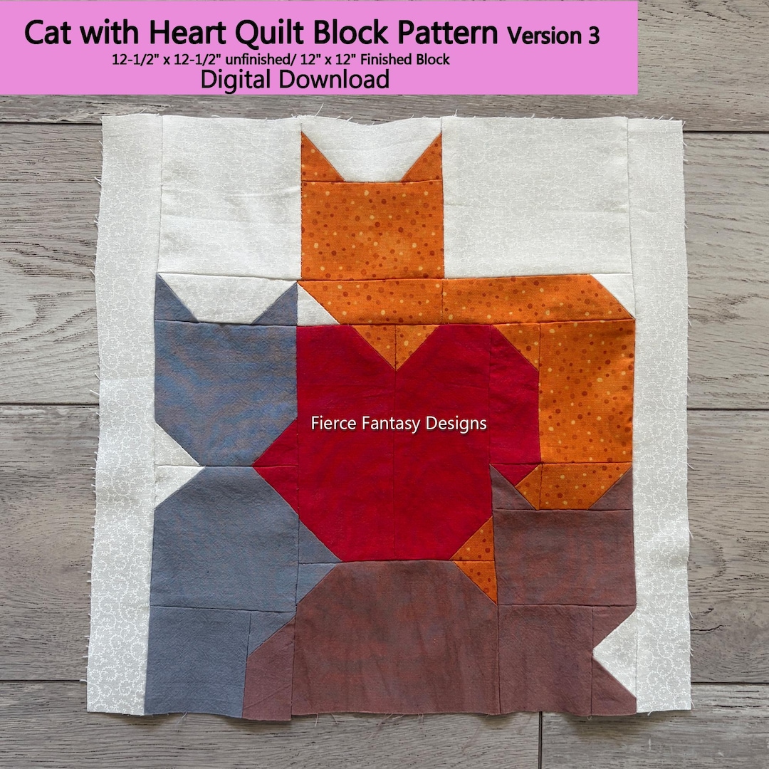 Cat With Heart Version 3, Valentine's Day Project, Quilt Block, 12 ...