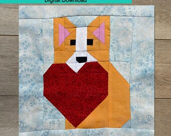 Corgi dog with heart, Valentine's Day, Quilt Block, 12" Pattern, digital download