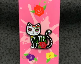Day of the Dead Cat Pin (2nd edition), sugar skull, skeleton, accessories, enamel pin