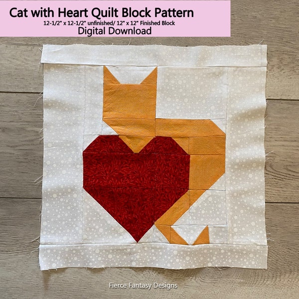 Cat with heart, Valentine's Day, Love, heart, Quilt Block, 12", Pattern quilt block, project, digital download, love day, digital download