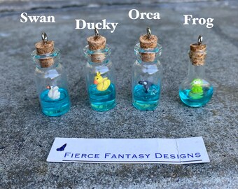 Miniature Bottle Necklace, pendant, swan, ducky, orca, frog