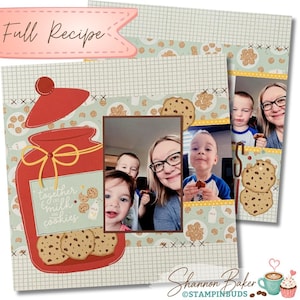Op de afbeelding: Een scrapbook-lay-out met een illustratie van een rode koekjestrommel met een gele strik en de tekst "we do together like milk and cookies". De pagina bevat twee foto's van een persoon en twee kinderen, versierd met koekjespatronen.