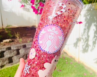 Pink Christmas Holiday Rhinestone Starbucks Snowglobe Tumbler Merry Christmas Ya Filthy Animal Tumbler