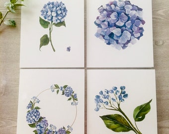 Flower Watercolor Art Cards Blue Hydrangea Notecards Set of 8