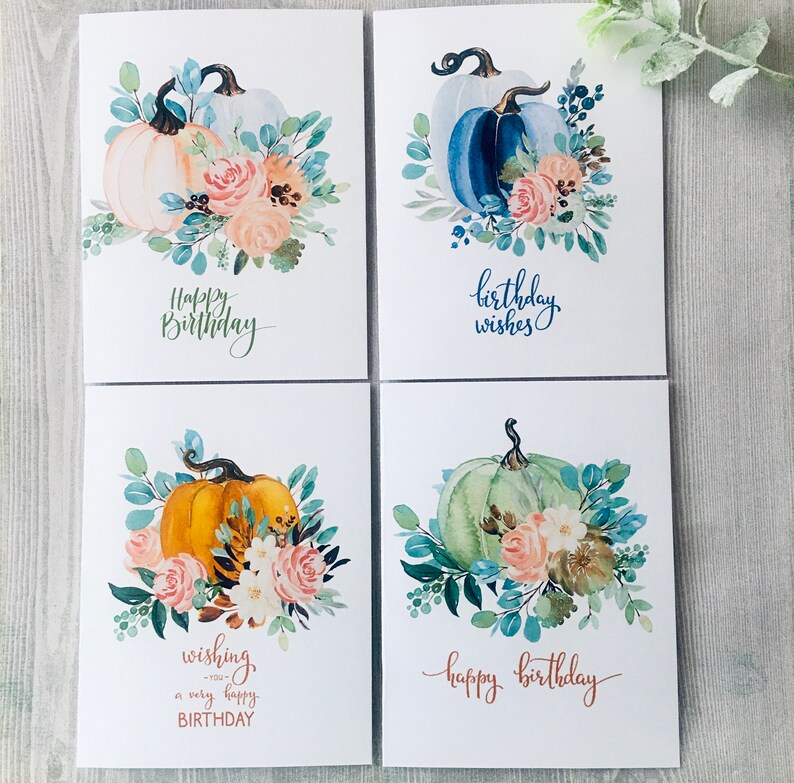 Birthday Pumpkins Card Set, Watercolor Pumpkins Birthday Cards, Watercolor Birthday Cards Assortment, Fall Birthday cards, Handmade image 7