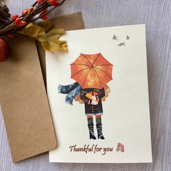 Personalized Watercolor Thanksgiving Card with Girl, Fall Girl Card, Card Set, Fall Cards, Thanksgiving Card, Handmade card, Watercolor Card
