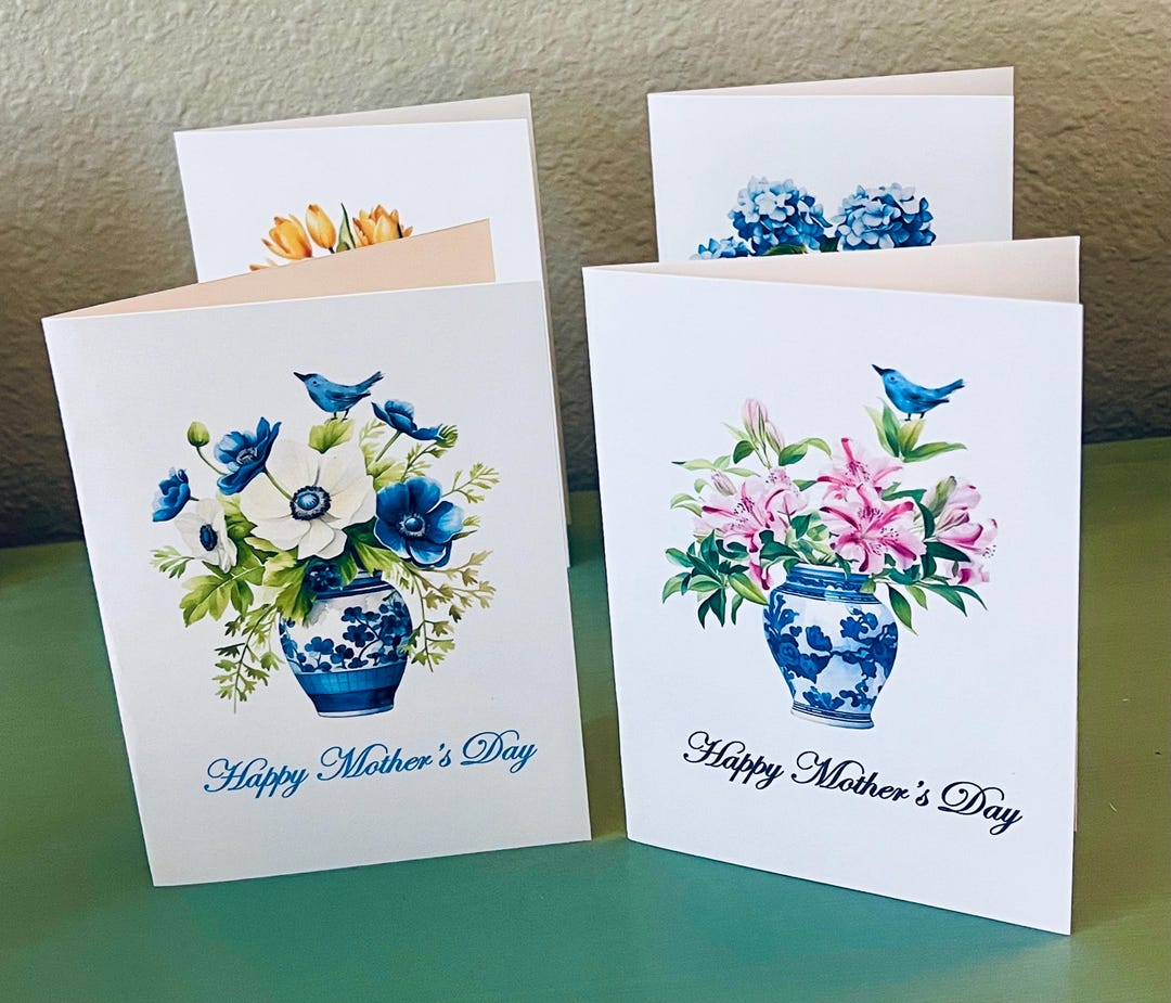 Mothers Day Card Set, Watercolor Flowers in Blue and White Dish, Mother ...