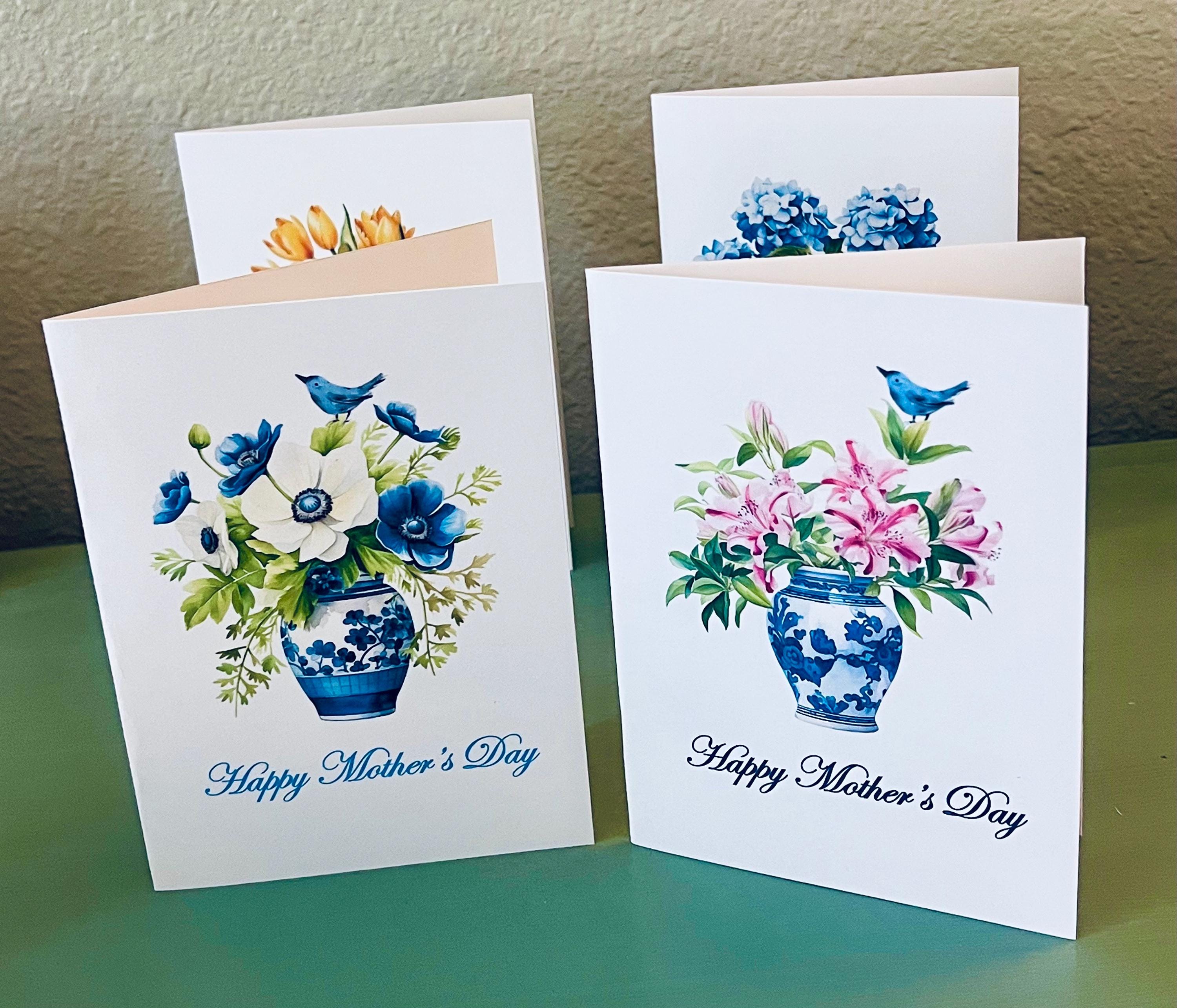Mothers Day Card Set, Watercolor Flowers in Blue and White Dish, Mother ...