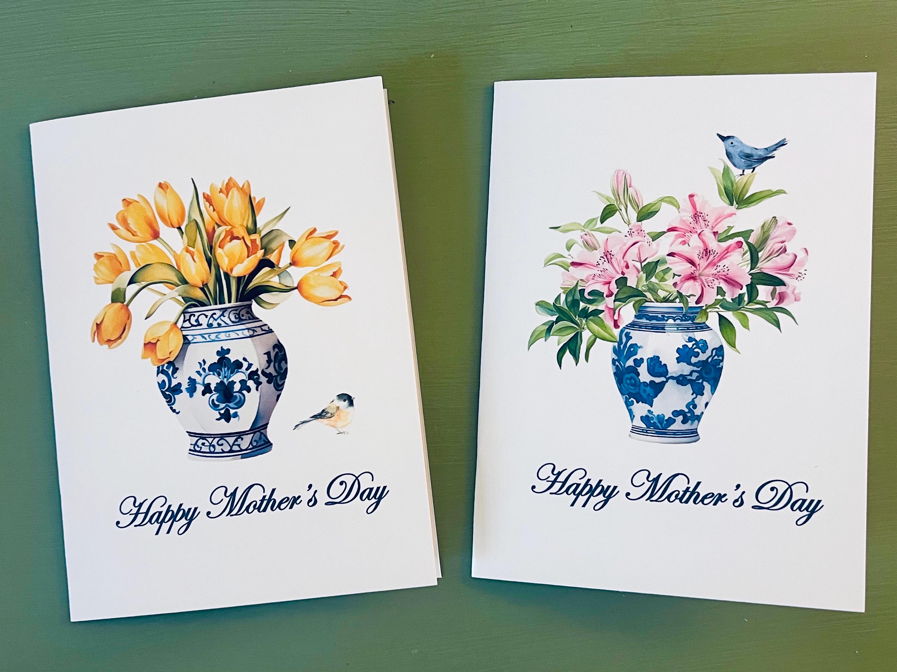 Mothers Day Card Set, Watercolor Flowers in Blue and White Dish, Mother ...