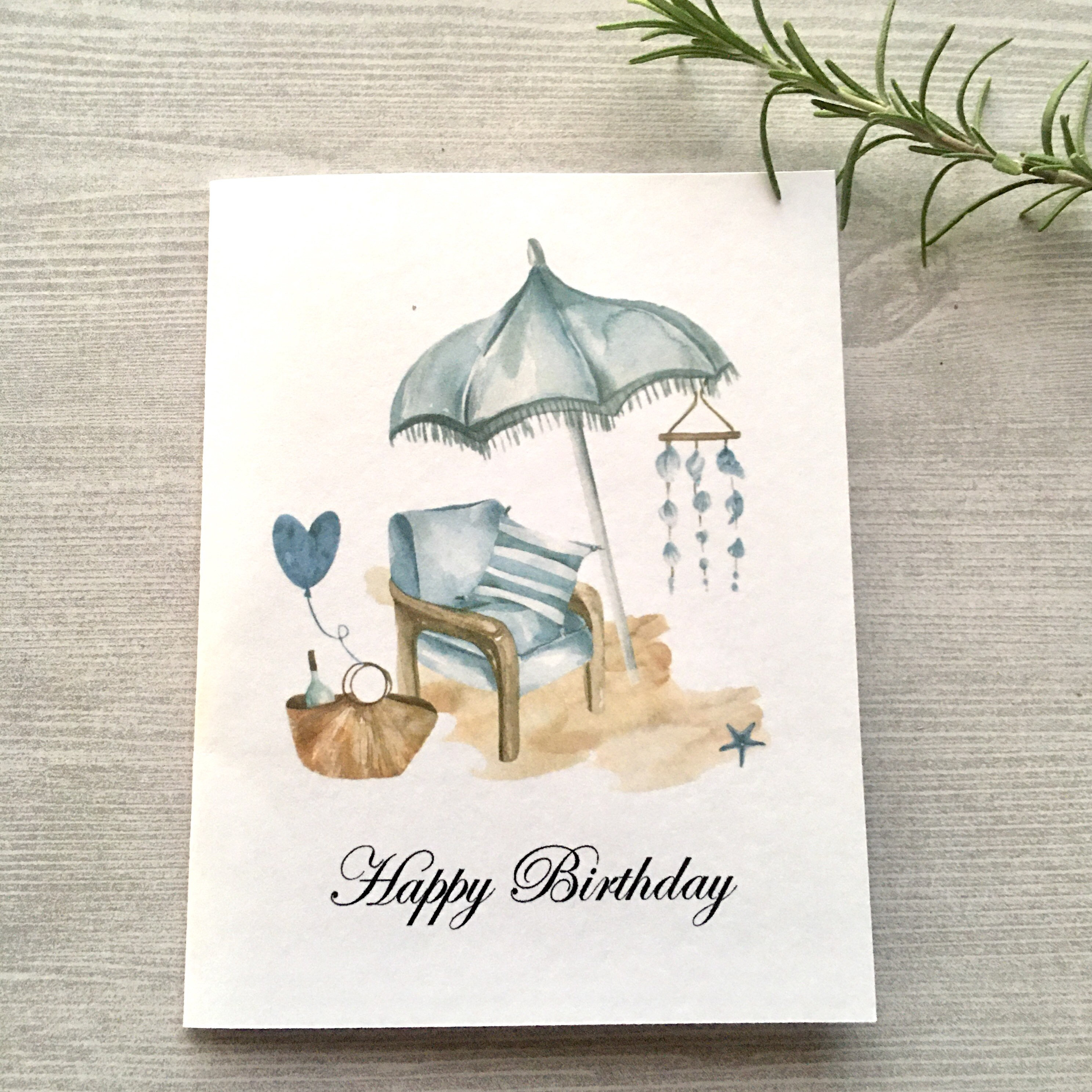 Happy Birthday Card For Brother - Watercolor Beach Chairs Design, Blank Inside 5x7 Inches