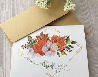 4ct Watercolor Flowers Thank you card set,  Wedding Thank you Fall,  Thank you card, Orange Floral Cards, Handmade Cards, Watercolor Cards