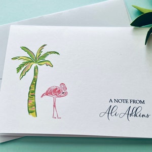 8ct Flamingo Personalized Stationery Set, Stationery for Women, Folded Note Cards, Palm Tree Cards, Watercolor Stationery, Handmade cards