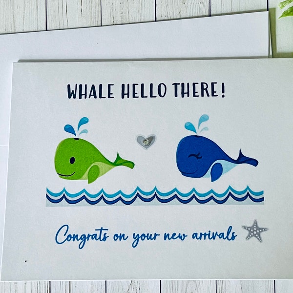 Baby Card for Twins,  Personalized Baby Card with Whale, New Baby Congratulations Card for Boy, Twin boys, Handmade Card