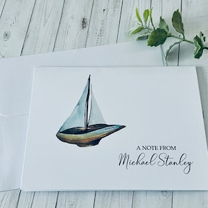 8ct Sailboat Personalized Stationery Set, Folded Note Cards, Blank Cards, Watercolor Stationery, Boat Stationery for Man. DesignsbyAliA