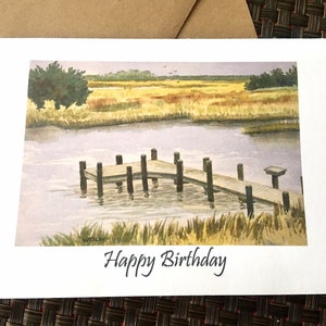 Watercolor Birthday Card, Birthday Card for Him, Ocracoke Island, Fishing Birthday Card, Nature Birthday Card, Handmade card