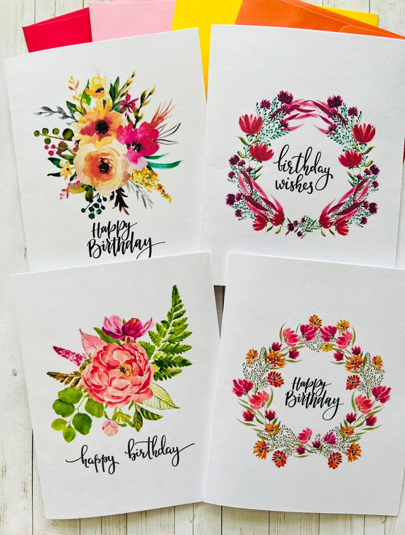 Birthday Card Set, Assorted Cards, Watercolor Flowers Birthday Cards,  Watercolor Birthday Cards Assortment, Handmade Cards 