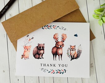 Woodland Animals Thank You card,  Baby Thank You Card, Baby Shower thank you card, Watercolor Cards, Handmade cards