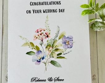 Personalized Wedding Card with Wildflowers,  Wedding Congratulations Card, Wedding Card with Names, Bridal Shower Card, Watercolor Card