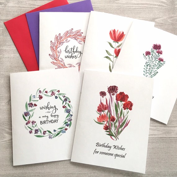 5ct Watercolor Birthday Card Set, Assorted Cards, Wildflower Birthday Cards,  Watercolor Birthday Cards Assortment, Handmade Cards 