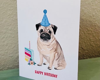 Pug Birthday Card, PERSONALIZED Cards, Dog Birthday Card, Birthday card for dog, Watercolor Dog, Handmade card, DesignsbyAliA