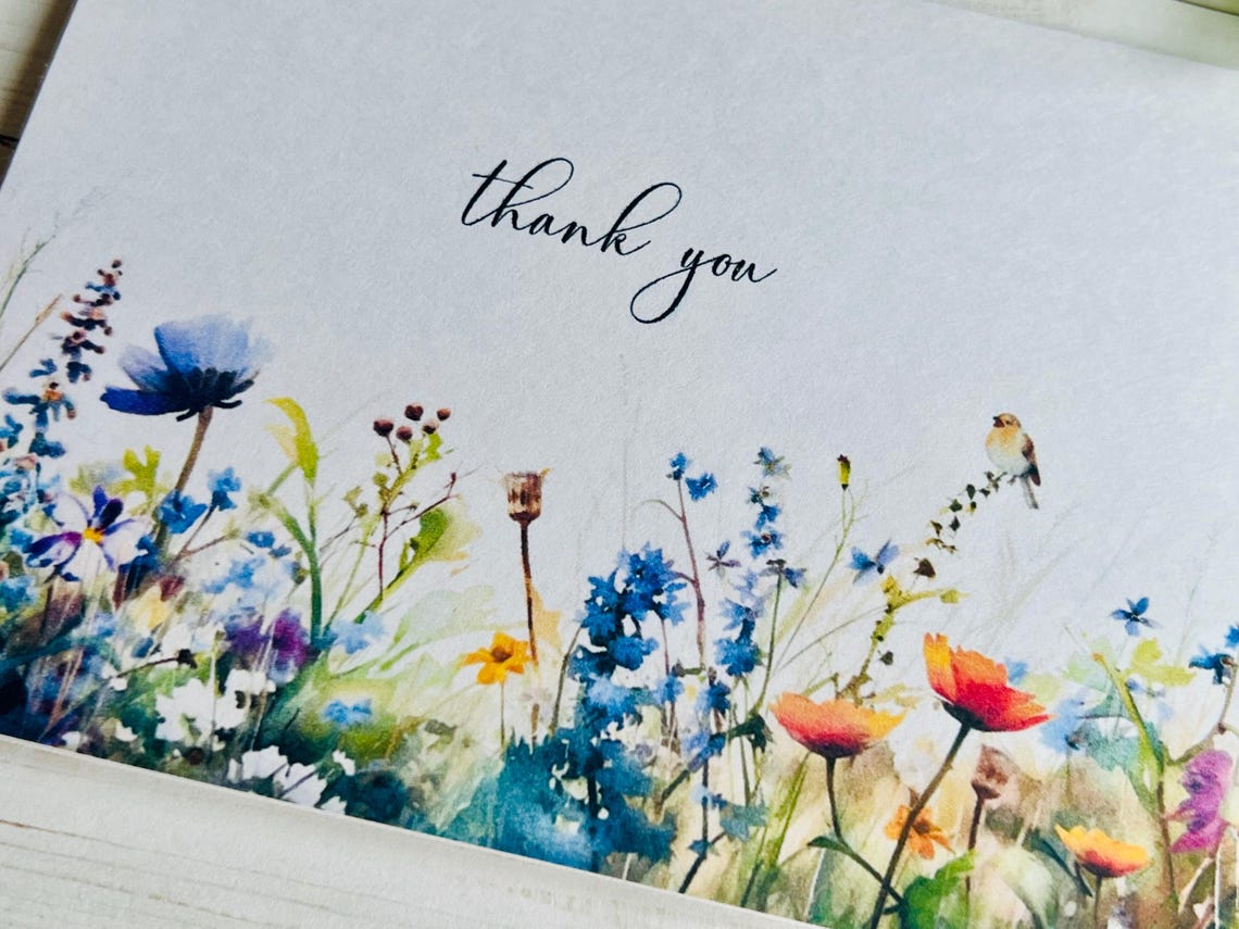 Flowers With Bird Thank You Card Set 1, Printed Watercolor Flowers ...