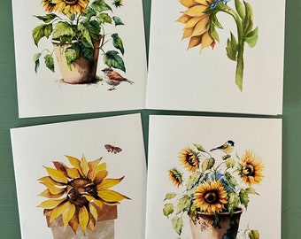 Sunflower Pots with Bird Card Set, Watercolor Sunflower Cards, Blank cards, Sunflower Note Cards, Handmade Card Set, Assorted cards