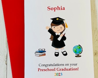 Personalized Kindergarten Graduation Card, Choose Hair or Skin Color Graduation Card for Girl, Handmade Card by DesignsbyAliA