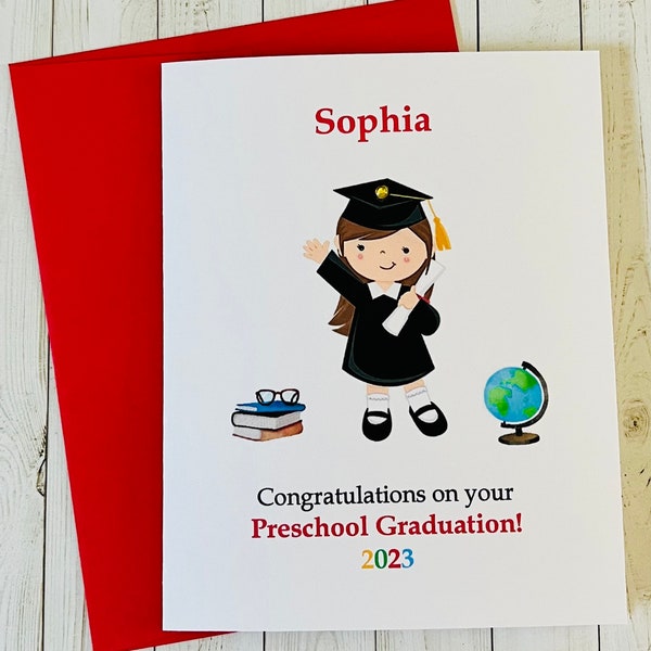 Personalized Kindergarten Graduation Card, Choose Hair or Skin Color Graduation Card for Girl, Handmade Card by DesignsbyAliA