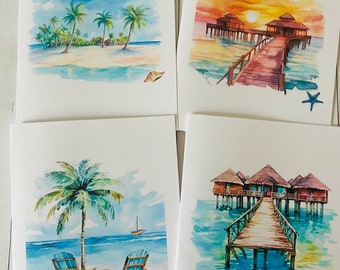 Tropical Card Set, Watercolor Beach Cards, Blank cards, Beach Note Cards, Beach House Handmade Card Set, Summer cards, Watercolor cards