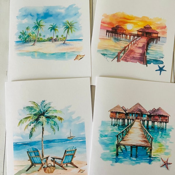 Tropical Card Set, Watercolor Beach Cards, Blank cards, Beach Note Cards, Beach House Handmade Card Set, Summer cards, Watercolor cards
