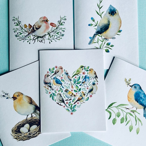 10ct Birds Notecards Set, Watercolor Birds Cards, Thinking of You, Folded Notecards, Watercolor cards, Handmade cards