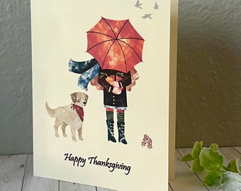 Fall Girl with Dog Card, Fall Girl Card,  Thanksgiving Card Set, Fall Cards, Thanksgiving Card, Handmade card, Watercolor Card