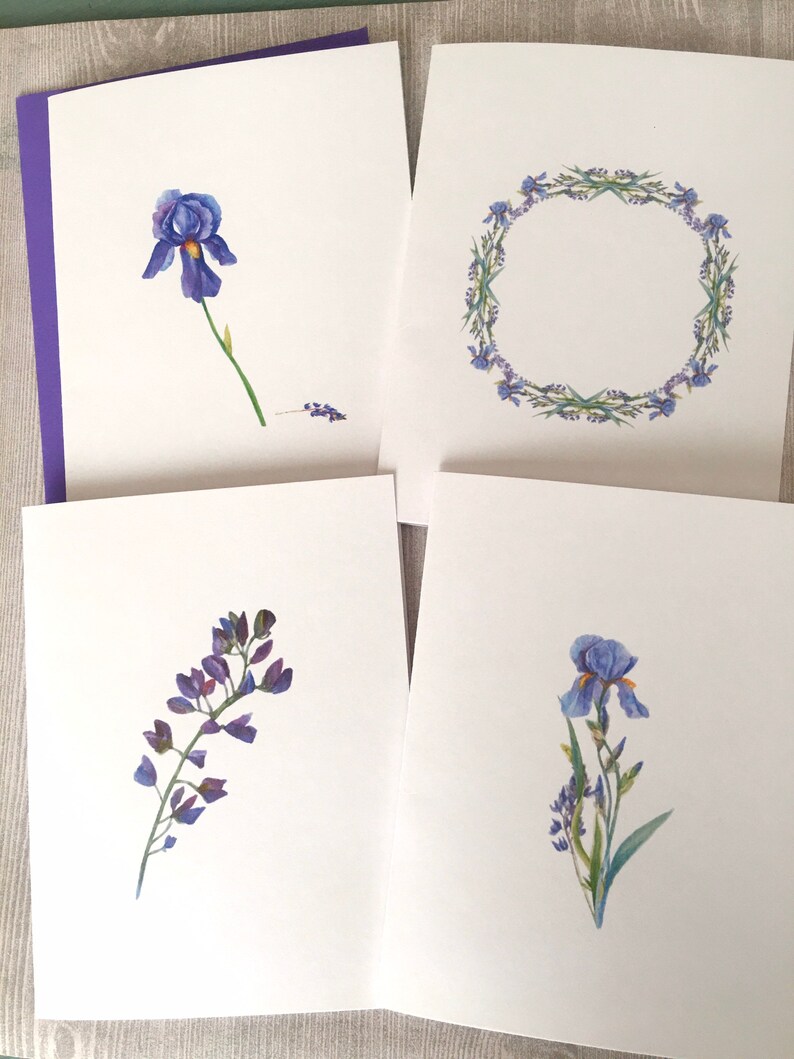 8ct Iris Card Set, Watercolor Iris Note Cards, Blank Cards, Purple Iris Cards, Watercolor Cards, Handmade cards, DesignsbyAliA image 1