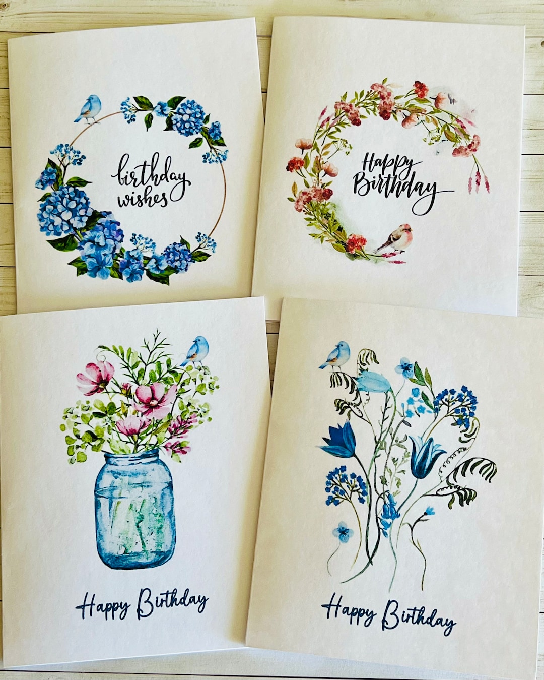 Birthday Card Set 3, Watercolor Flowers With Bird Birthday Cards for ...